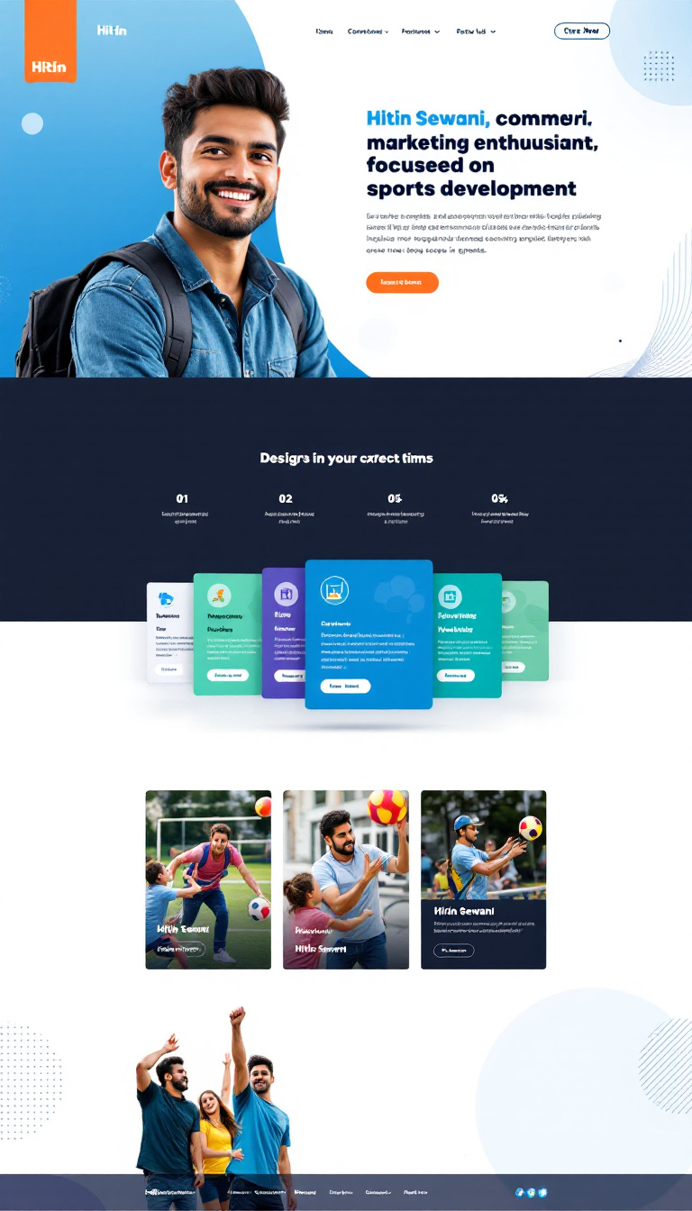 Design a one-page website for Hitin Sewani, a commercial and marketing enthusiast focused on sports development. Highlight his expertise in identifying target markets, solving organizational challenges, and his goal to inspire more people to engage in sports.