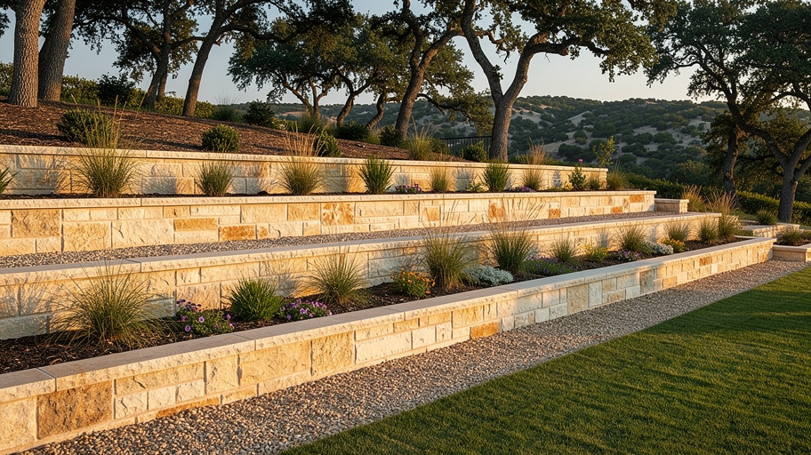 Professional photograph, natural light, realistic: Tiered limestone retaining wall stepping down a sloped Hill Country backyard. No text or watermarks.