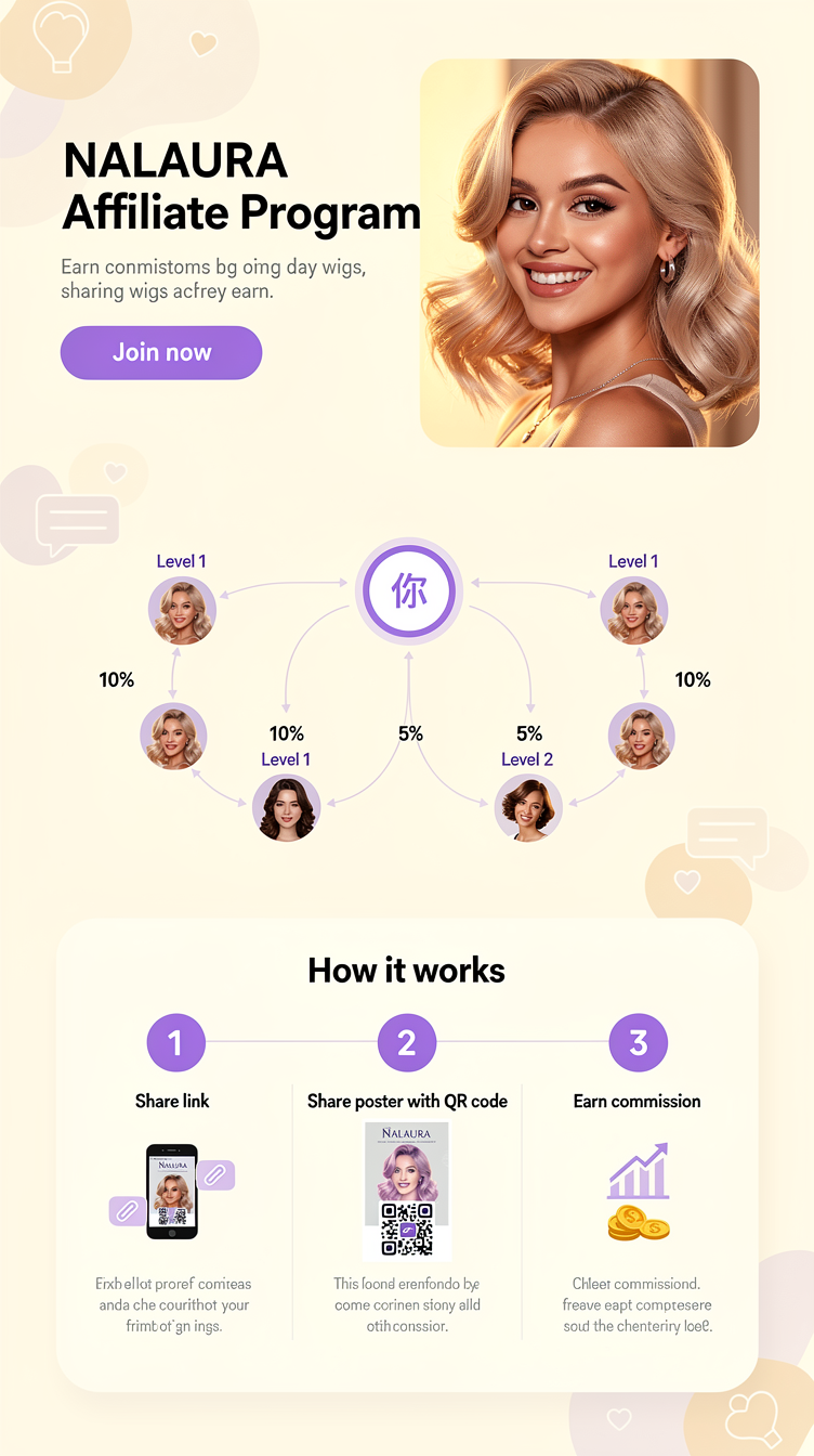 A soft, warm, approachable affiliate program page for wig brand NALAURA, using lavender-purple (#a855f7) and cream backgrounds with rounded soft-shadow cards, friendly rounded sans-serif typography. Hero features a smiling woman with beautiful wig hairstyle and a bright CTA button. Below, a friendly horizontal flow diagram with circular avatar icons showing "你" in center connected to Level 1 friends and Level 2 friends-of-friends with commission percentage labels on the connecting lines. A step-by-step "how it works" section with numbered circle icons for share link, share poster with QR code, earn commission. Warm, inviting, community feel with rounded illustration accents.