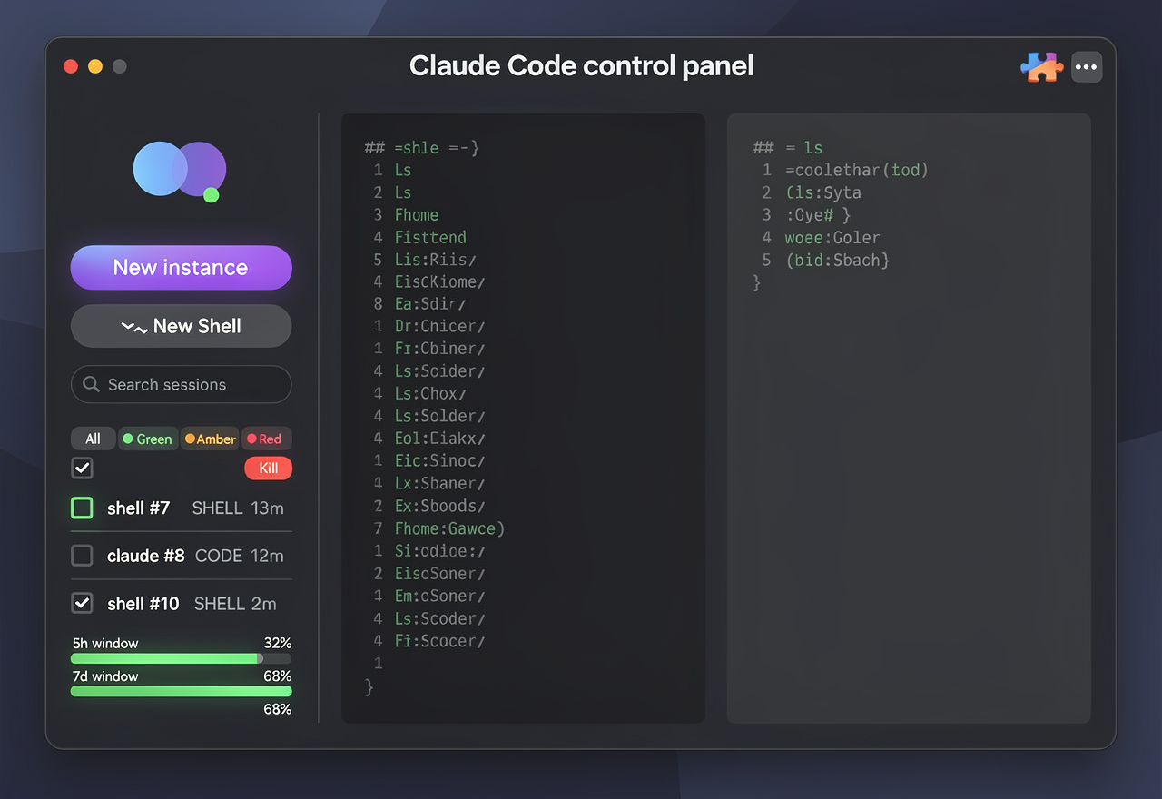 A polished native macOS desktop application UI screenshot, dark theme, called a Claude Code control panel. Top title bar with red/yellow/green traffic-light buttons top-left and the title text area, with a puzzle-piece extension icon and three-dot menu on the right. Left sidebar with a logo of two overlapping circles and a small green status dot, a purple gradient "New instance" button and a ">_ New Shell" button, a search field, a row of small status filter pills (all, green, amber, red), a select-all checkbox with a red Kill button, then a list of three session rows each with a checkbox, green running dot, a name like "shell #7 SHELL 13m", "claude #8 CODE 12m", "shell #10 SHELL 2m". At the bottom of the sidebar two thin green usage meter bars labeled 5h window and 7d window. Main area on the right has two side-by-side terminal panes with dark backgrounds: the left pane shows a plain shell ls output listing home folder items in monospace green/grey text; the right pane shows an active AI coding assistant session with paragraphs of explanation text and an input prompt, plus a small status footer with context and quota percentages. Modern, crisp, high fidelity, deep navy-black background, blue and purple accents, soft shadows, realistic SaaS product screenshot, no logos of real brands.