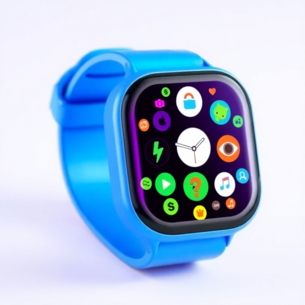 vibrant blue smartwatch with a sporty design and colorful app icons