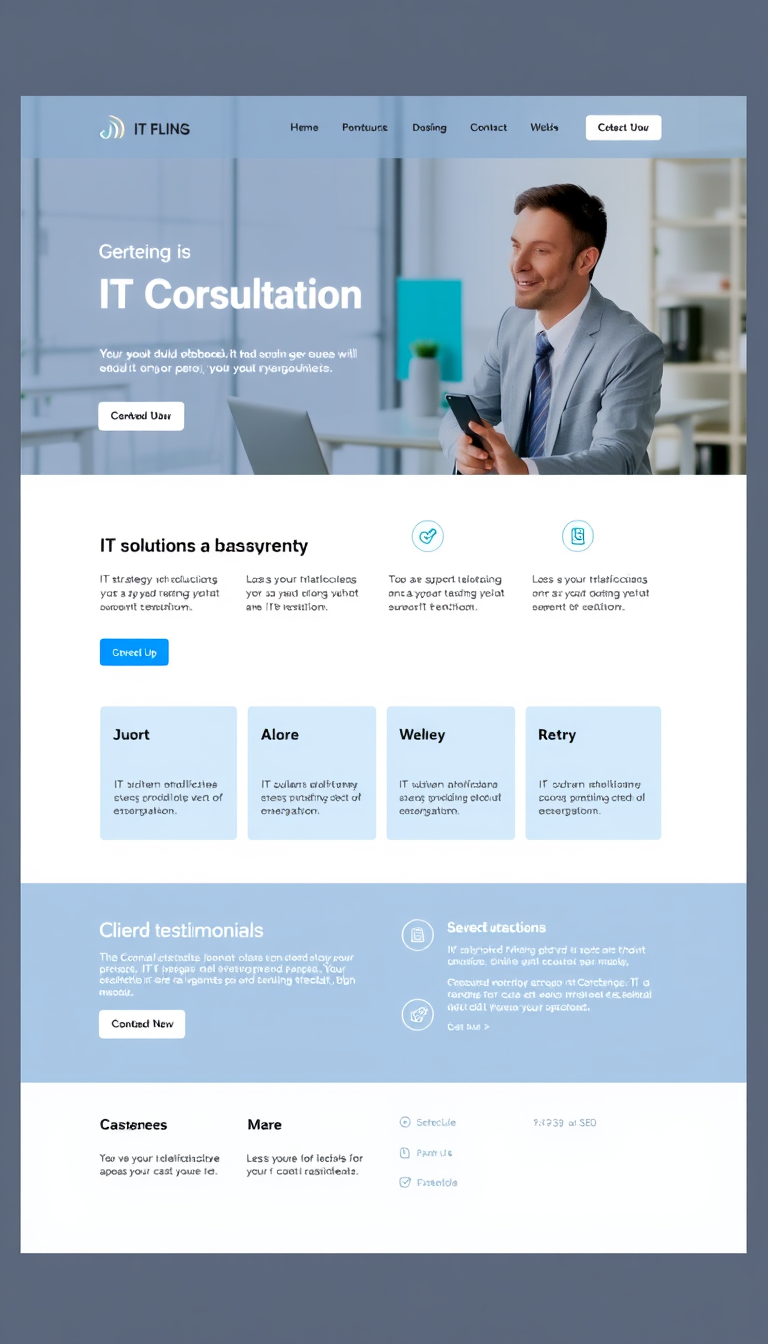 Design a single-page microsite for an IT consulting business featuring a professional header with the business name and logo, an introduction to services like IT strategy, cloud solutions, and cybersecurity, and a section for client testimonials. Include a call-to-action for scheduling consultations, contact information, and social media links, all in a clean, modern, and mobile-responsive layout optimized for SEO.