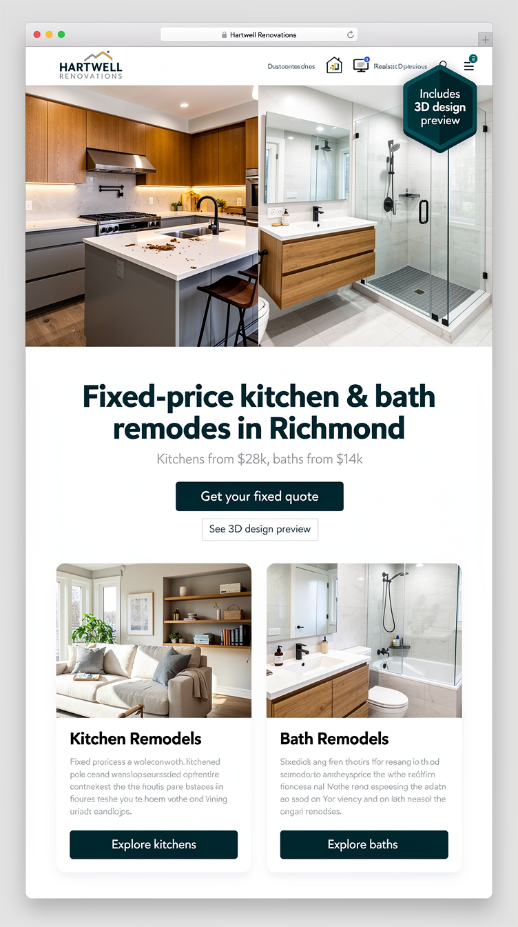 Homepage for Hartwell Renovations (kitchen & bath remodeler, Richmond VA) promoting a fixed‑quote promise and 3D design previews: bright, modern one‑page layout in white and warm wood tones with a single confident accent color, hero before‑and‑after slider showing kitchen and bath, headline about fixed‑price remodels, subtext “kitchens from $28k, baths from $14k,” and icons for dust‑controlled job sites and 3D previews. Include clear Kitchen and Bath entry buttons/cards, a 3D preview badge, and a confident, clean typographic call to action.