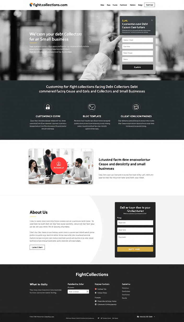 Design a professional one-page website for 'fightcollections.com' targeting individuals facing debt collectors and small businesses. Include an intuitive layout with an e-commerce section for customized cease and desist letter templates, a blog for educational content, clear navigation, and an 'About Us' section, along with contact information and a strong call-to-action.