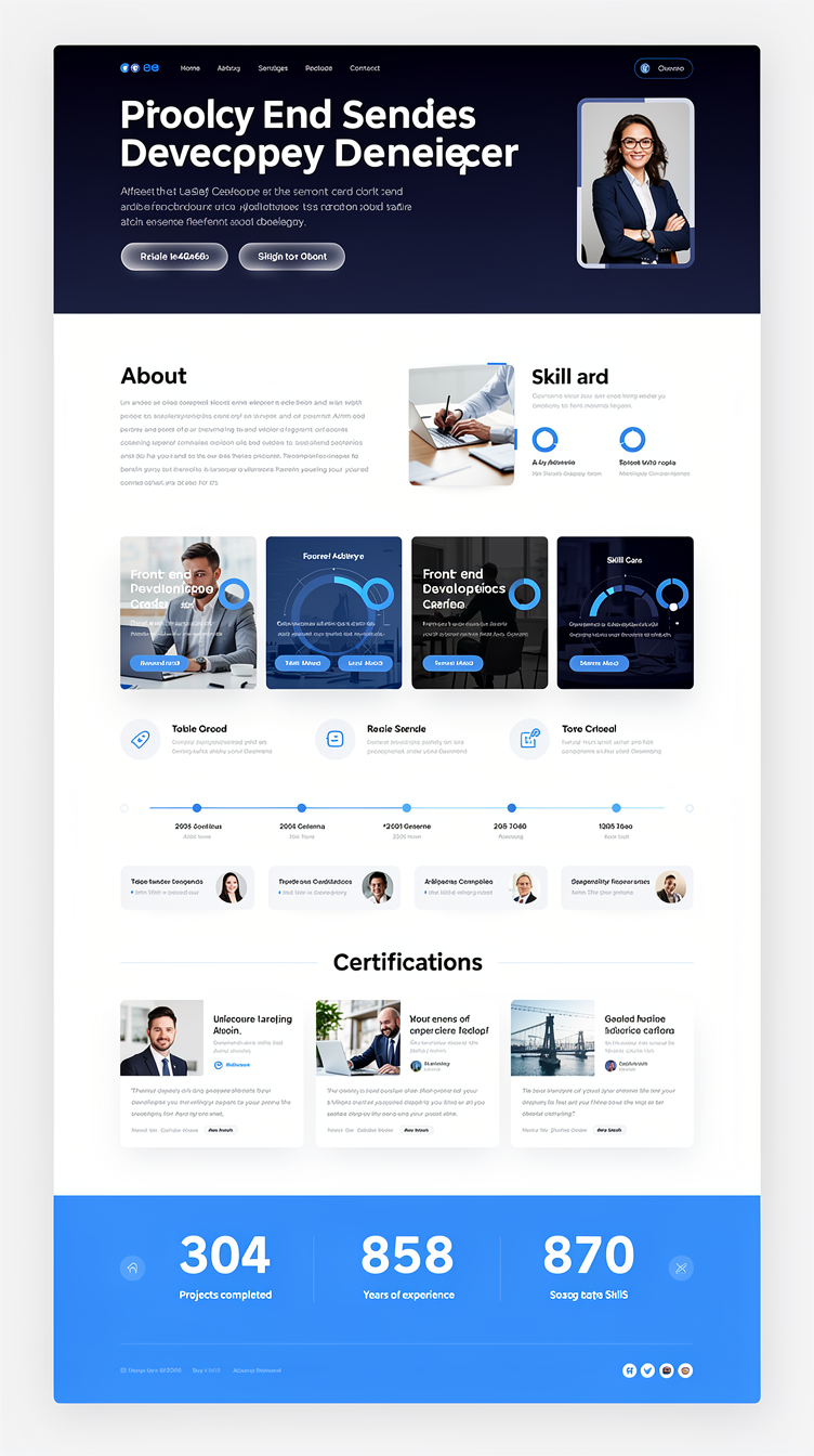 Full-page personal portfolio for a front-end developer, corporate and elegant. Bold navy hero taking full viewport with centered massive headline in white over a deep gradient #1e40af to #0f2a6b, profile photo as a rounded rectangle inset, glassy CTA buttons. Sections below on white with generous padding: two-column about, interactive skill cards with progress rings, service tiles with hover lift, featured projects as large alternating image/text splits, a horizontal timeline, certifications badges, testimonial carousel cards, a striking full-width stats section in bright blue #3b82f6, article previews, and a two-column contact section. Modern geometric sans typography, airy layout, subtle light-blue #dbeafe accents.