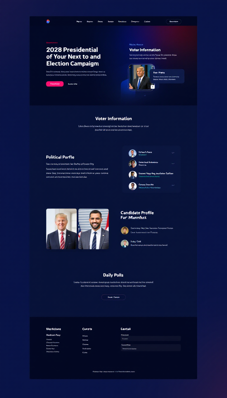 Design a one-page website for a 2028 presidential election campaign featuring sections for news, voter information, the political party manifesto, candidate profile, daily polls, and details about the current party and campaign executives. Keep the layout clean and user-friendly.