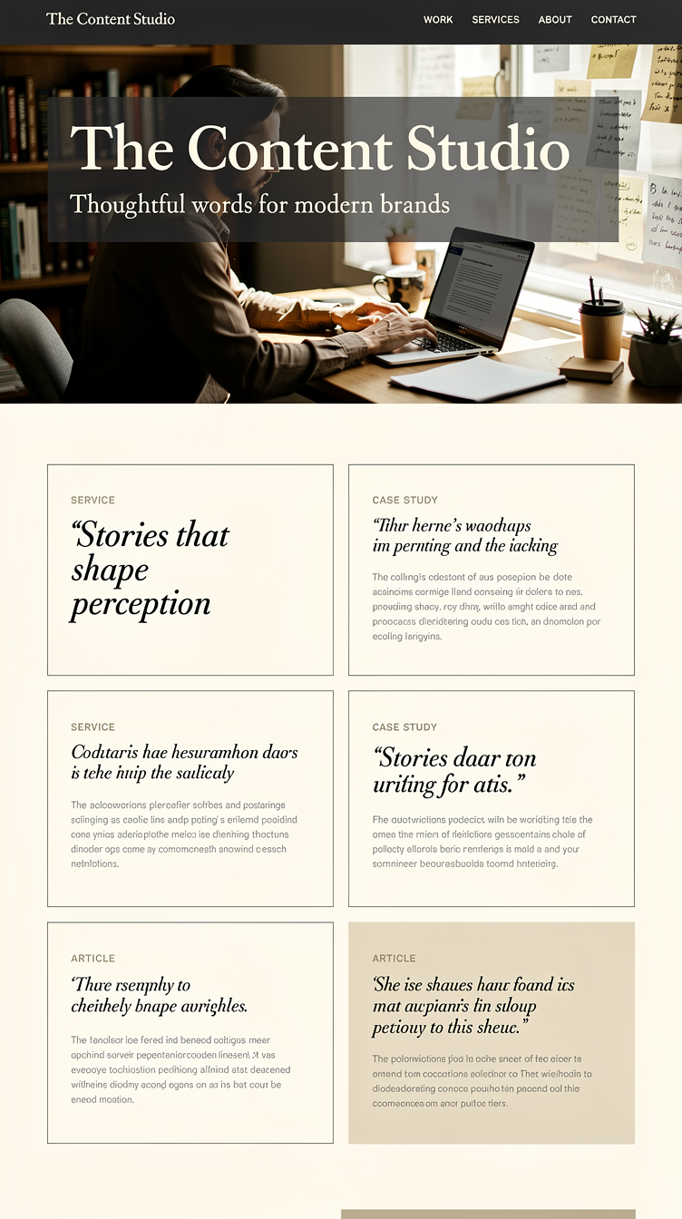 Editorial magazine-style homepage for content writer "The Content Studio", warm neutral tones (charcoal, taupe, cream). Full-bleed hero image of a writer at a laptop with large overlaid serif headline text and translucent scrim. Below, an asymmetric magazine grid showcasing services and writing samples with pull-quote style typography, generous margins, dividing rules, small caps labels, sophisticated literary mood.