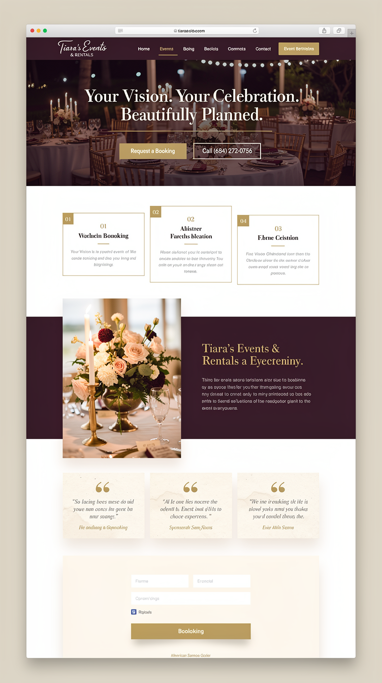 A luxurious event-planning homepage for "Tiara's Events & Rentals" in American Samoa. Full-bleed cinematic hero photo of an elegant candlelit wedding reception with a dark plum overlay, huge high-contrast serif headline "Your Vision. Your Celebration. Beautifully Planned." in ivory with a soft gold rule, two buttons (solid gold "Request a Booking", outlined ivory "Call (684) 272-0756"). Below: a deep aubergine/wine and champagne-gold palette, generous whitespace, an asymmetric services grid with thin gold hairline borders and small numbered labels, an offset split section with a floral arrangement photo, a quote-style reviews row, and a booking form on a cream card. Typography: high-contrast display serif headings paired with a clean humanist sans body.