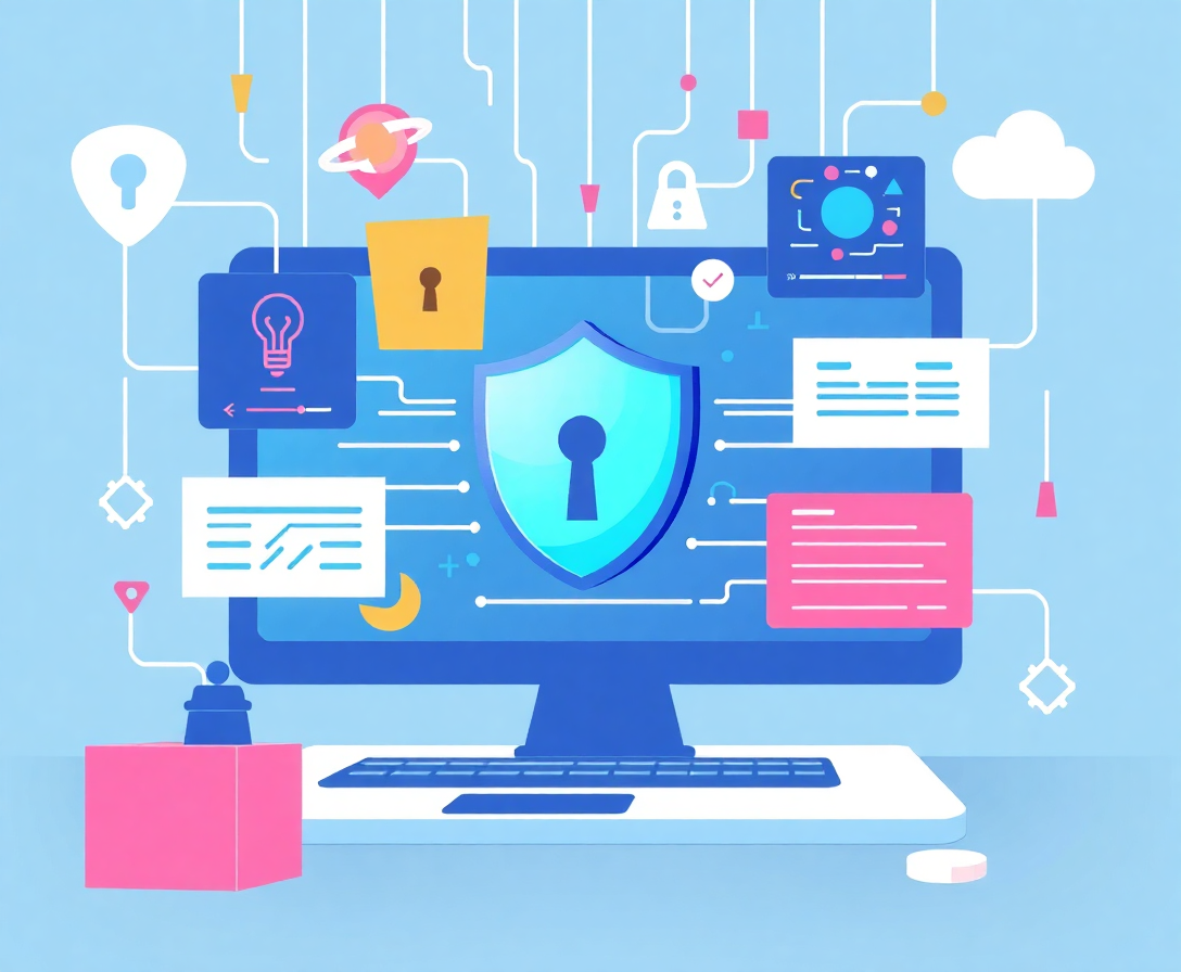 illustration of cybersecurity tools and web development interface