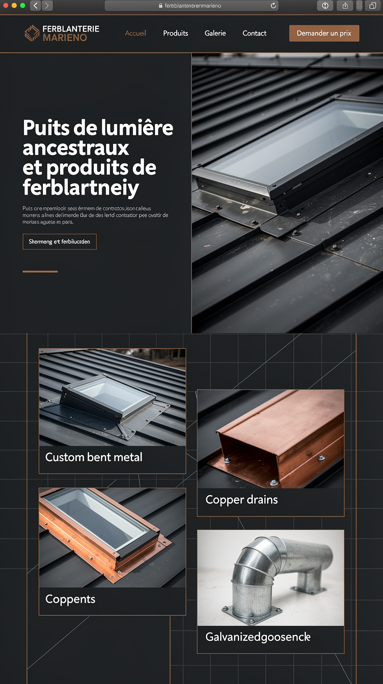 Bold split-screen architectural homepage design for Ferblanterie Marieno, a Laval Québec sheet-metal fabrication business, aimed at contractors and roofers. Deep charcoal and slate background with warm copper accent lines, large left-aligned display headline "Puits de lumière ancestraux et produits de ferblanterie" on the left half, full-height photo of a skylight/metal roof detail on the right half. Sticky top navigation with Accueil, Produits, Galerie, Contact and a copper "Demander un prix" button. Below hero, an asymmetric offset grid showcasing 4 products (skylights, custom bent metal, copper drains, galvanized gooseneck vents) each with a diagonal-cropped photo and industrial sans-serif labels. Strong architectural grid lines, blueprint-inspired thin white line details, moody high-contrast professional photography.