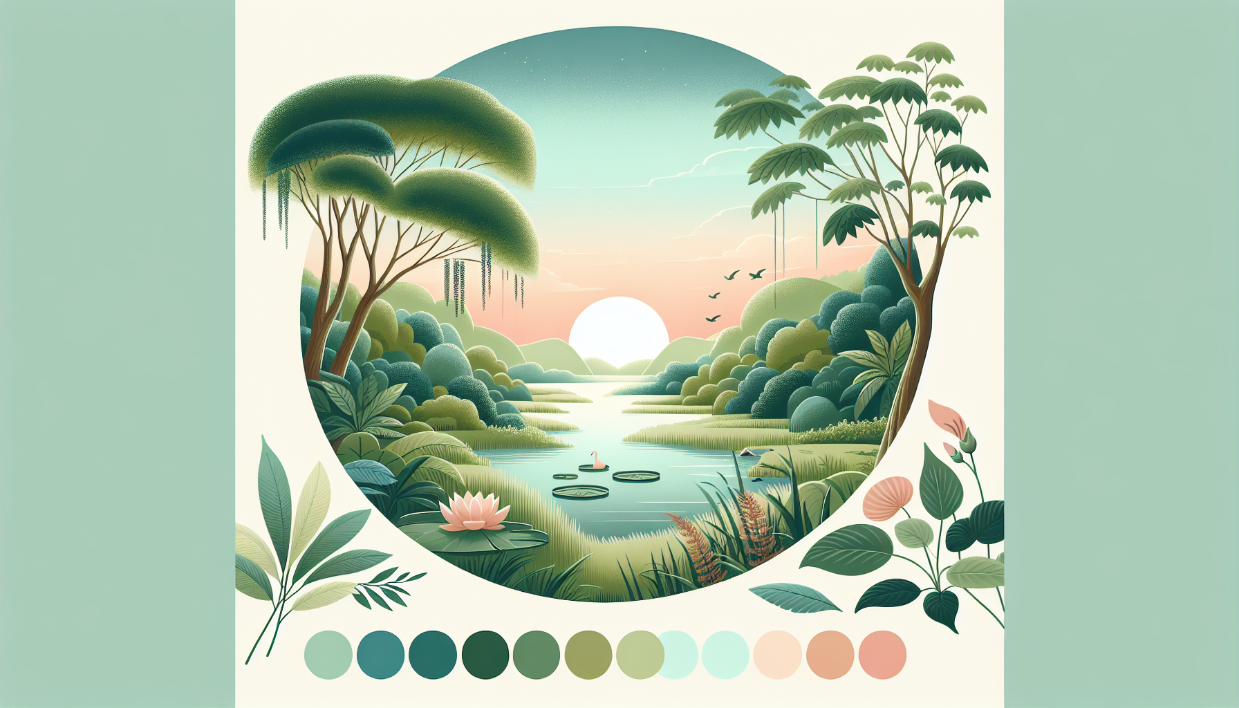 A serene landscape depicting mindful wellness, with a calm lake, lush greenery, and a peaceful sky. The scene should evoke a sense of tranquility and personal growth, with soft colors and natural elements.