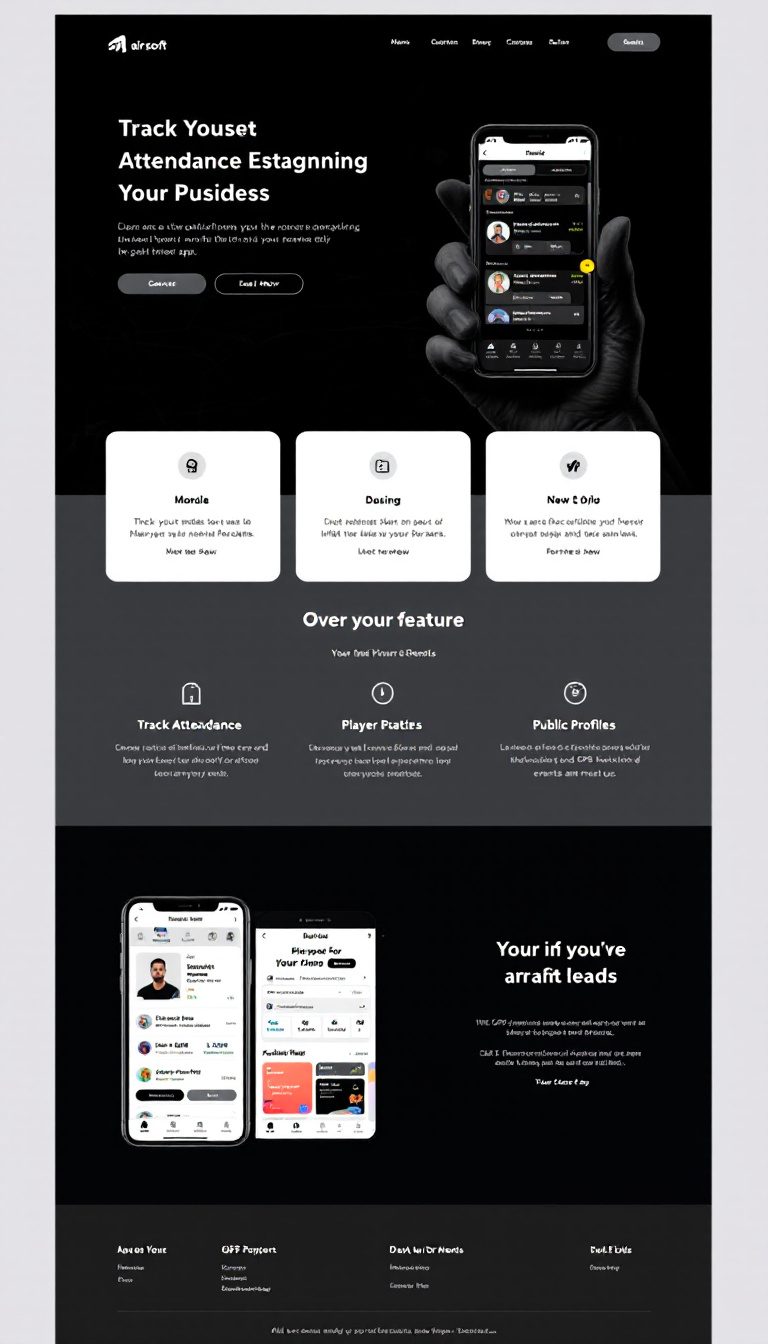 Design a one-page website for an airsoft mobile app that highlights features such as tracking attendance, player stats, public profiles, and GPS functionalities for events and meet-ups. The layout should be simple and clean, emphasizing user engagement and ease of navigation.