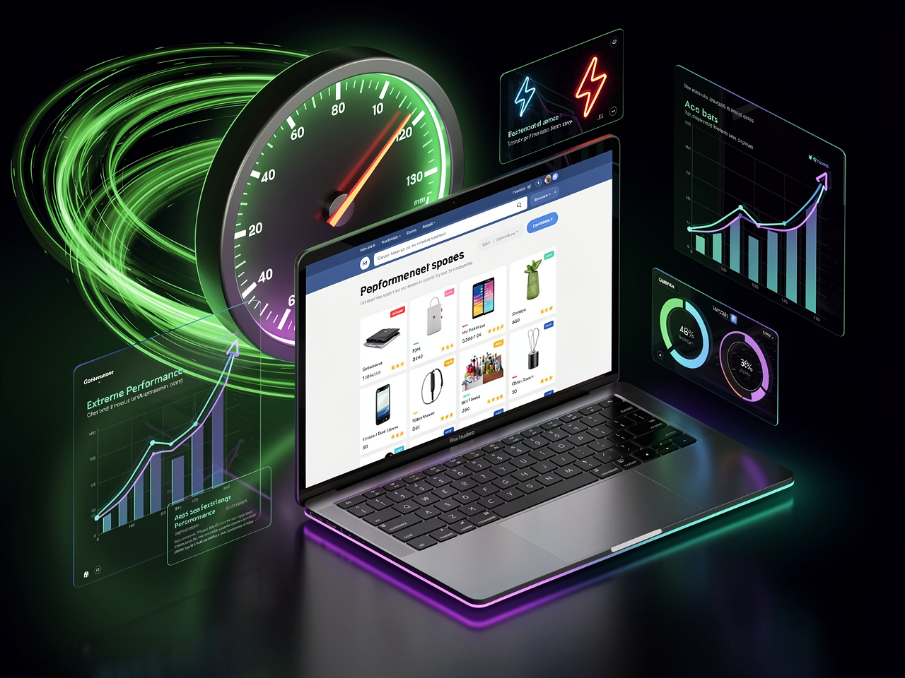 Dark-themed 3D isometric scene of a laptop displaying a fast-loading modern online store homepage, a large glowing speed gauge dial pointing to maximum with green light trails, floating performance charts and lightning bolt icons around it, purple-blue-green gradient lighting, sleek professional tech illustration