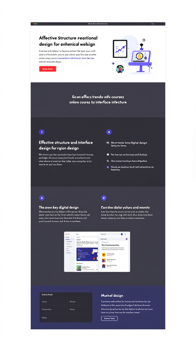Create a one-page didactic website layout for an online course on effective structure and interface design for educational websites. The design should be clean and user-friendly, featuring sections that explain key digital design concepts with interactive and engaging elements.