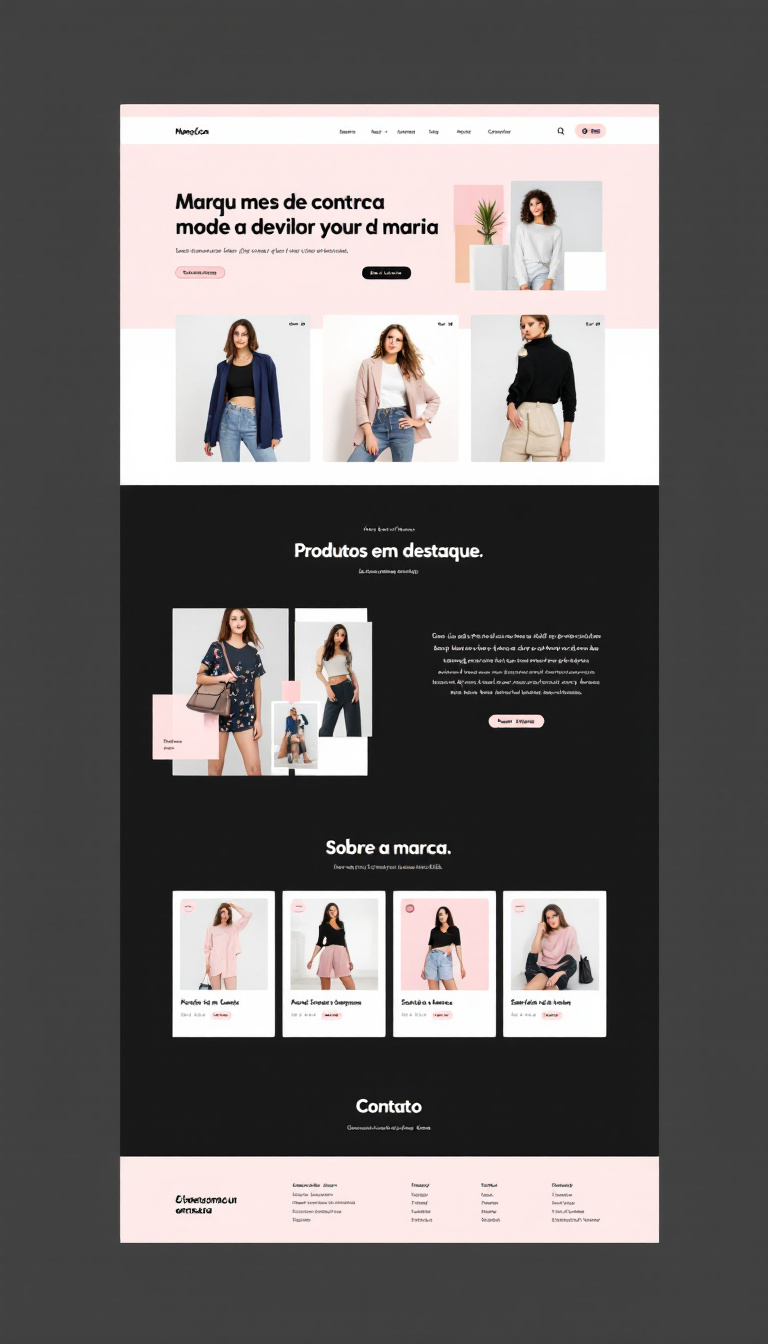 Crie um site simples e clean para um negócio de moda feminina, destacando as coleções, os produtos e a identidade da marca. Incluir seções como produtos em destaque, sobre a marca e informações de contato.