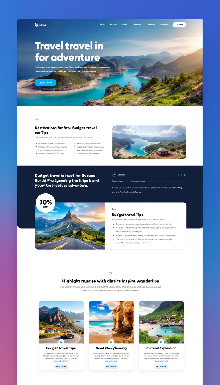 Create a simple one-page website focused on travel and adventure, featuring sections for destinations, budget travel tips, travel photography, road trip planning, and cultural exploration. Highlight must-see spots and share beautiful images to inspire wanderlust.