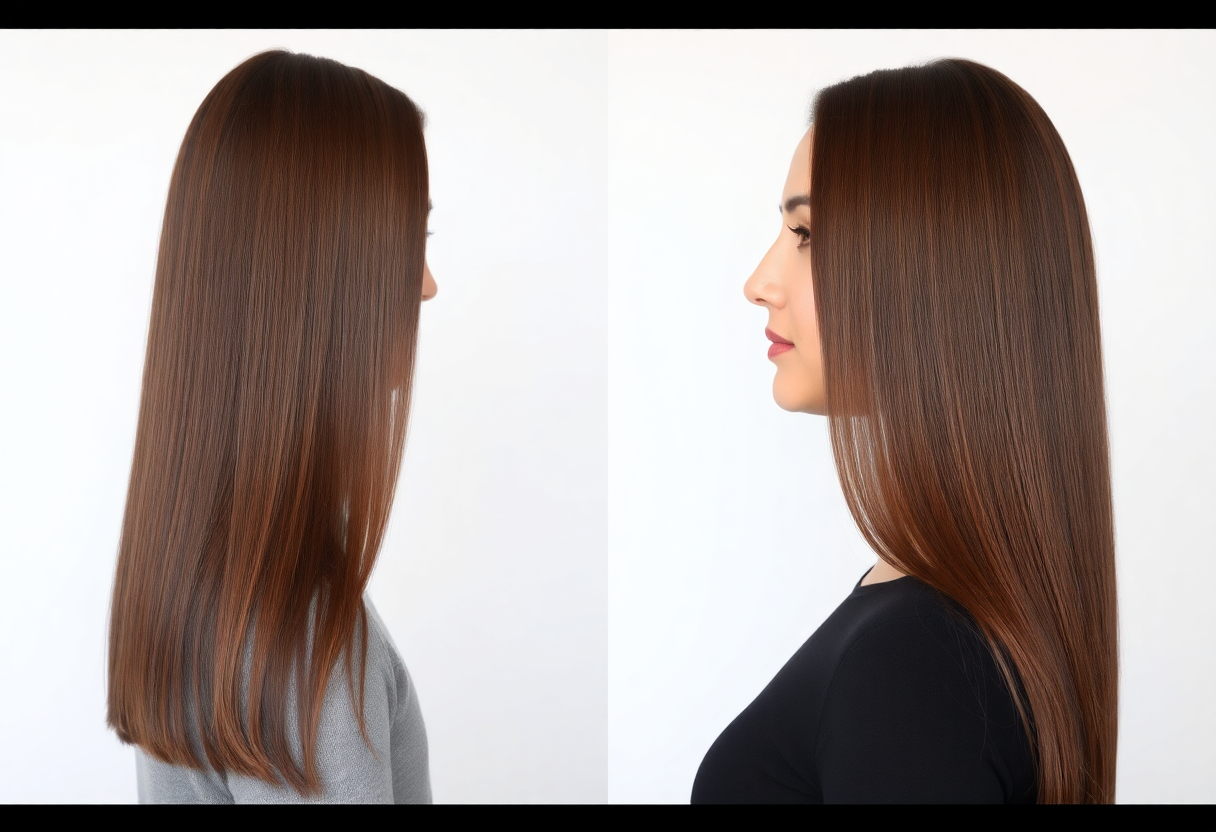 side profile of a woman with long, straight brunette hair after a keratin treatment