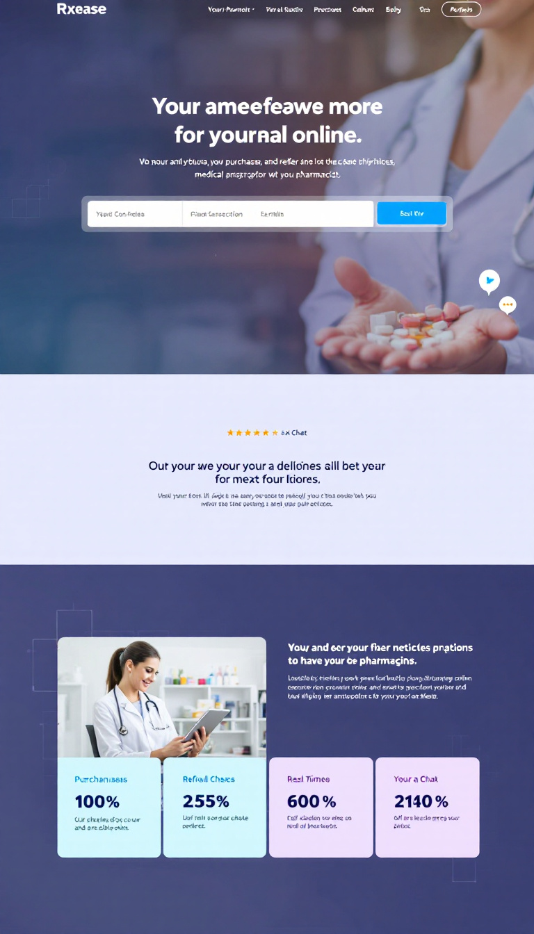 Design a clean and modern one-page website for Rxease, an online platform for purchasing, refilling, and reviewing medical prescriptions. The site should also feature a real-time chat option with a pharmacist.