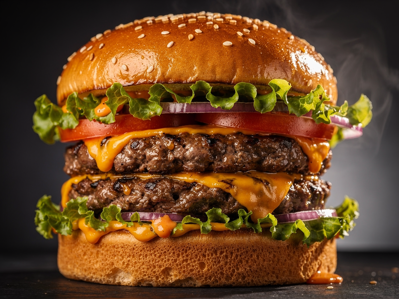 A juicy gourmet double cheeseburger with melted cheese, crisp lettuce, tomato and a toasted sesame bun, dramatic studio lighting on a dark charcoal background, steam rising, mouthwatering food photography, close up, rich warm tones