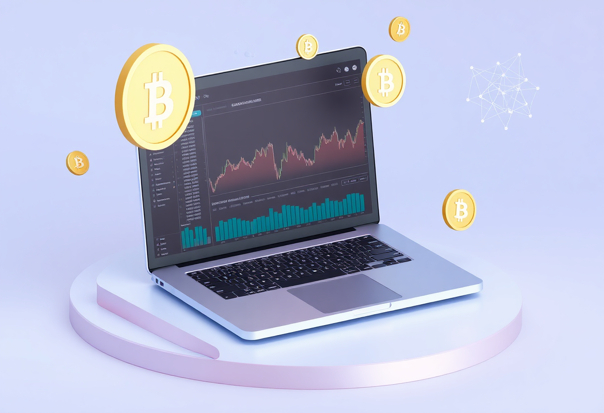 3d illustration of a laptop with charts, cryptocurrency symbols, and ai nodes floating around it