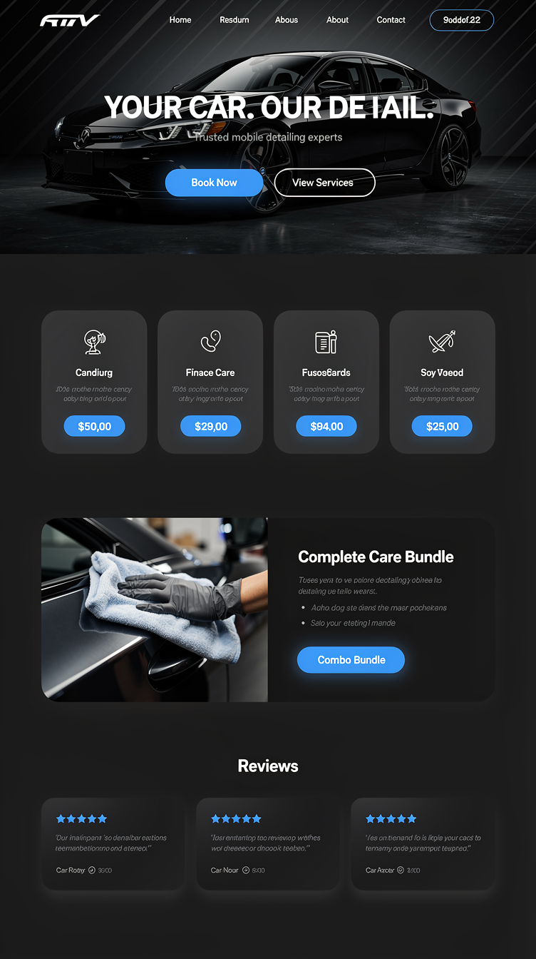 Premium mobile car detailing website homepage, dark charcoal/black background (#0d0f12), crisp white typography, subtle electric blue accent (#2b8fff) glowing highlights on buttons and icon outlines. Bold full-bleed hero with a glossy freshly-detailed black car photo, large condensed sans headline "YOUR CAR. OUR DETAIL." two pill buttons, trust line beneath. Below: services shown as rounded dark cards with soft shadows and blue price tags, laid out in a clean grid with generous whitespace. Combo bundle section with a horizontally offset image/text split. Reviews as sleek card carousel. Modern, minimal, high-end automotive studio aesthetic, lots of negative space, subtle diagonal light streaks.