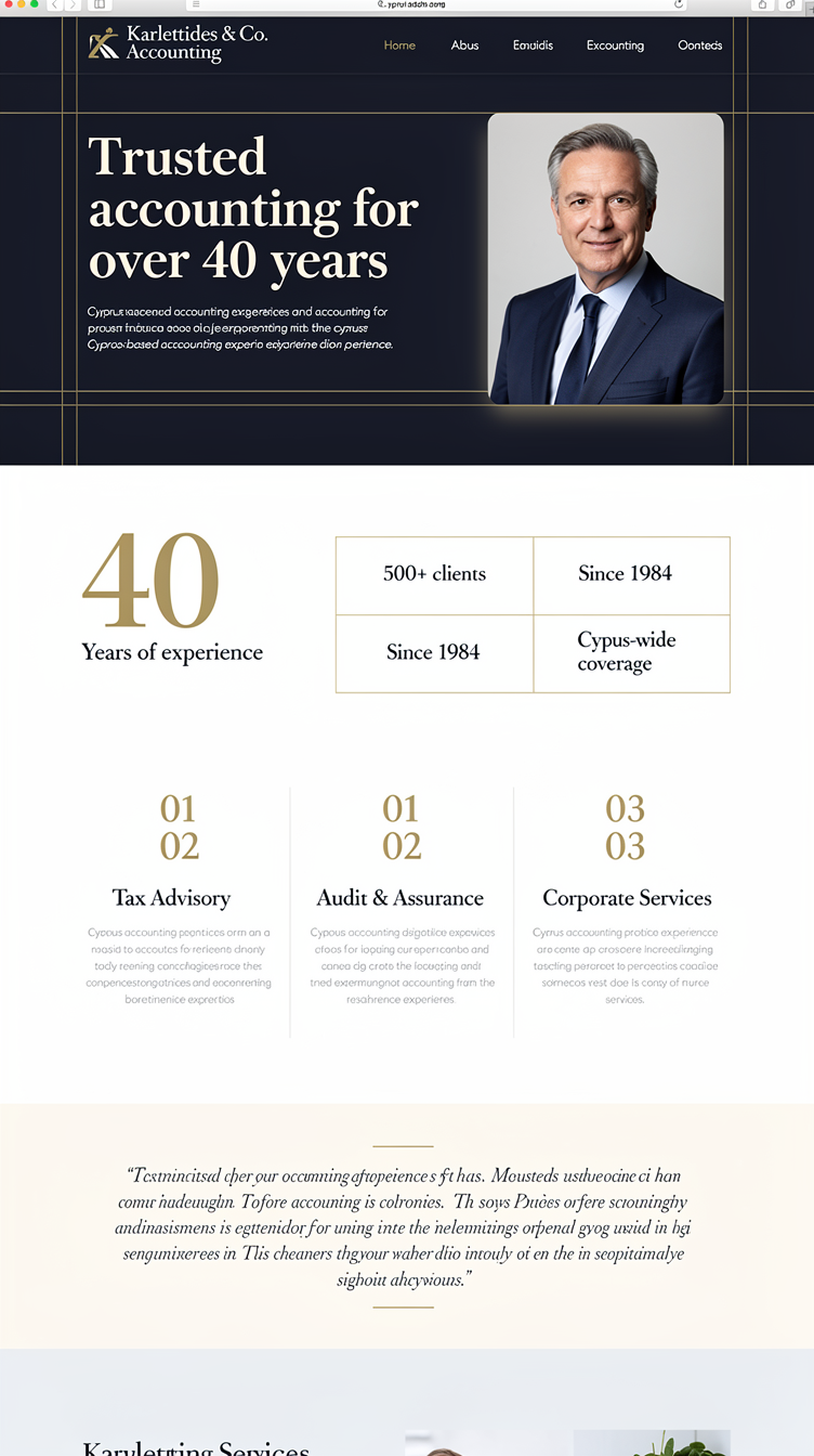 Full-page website mockup for "Karlettides & Co. Accounting", a Cyprus accounting practice with 40 years of experience. Direction A: editorial trust — deep midnight-navy (#0f172a) hero with a large serif display headline, thin gold-tinted hairline rules, an offset portrait photo of a distinguished accountant, generous whitespace on off-white (#f6f7f9) sections below; sections: split "40 years" stat band, three-column services list with numbered items, testimonial in oversized quote type, simple contact panel. Confident, calm, institutional but modern; Playfair Display headings with Inter body.