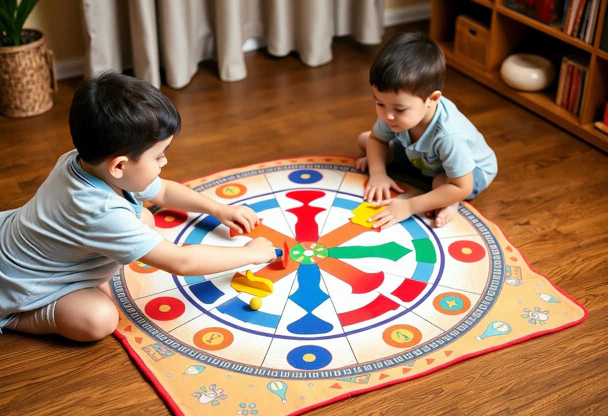 kids playing on a colorful ludo board game mat, showcasing the product's fun and interactive nature