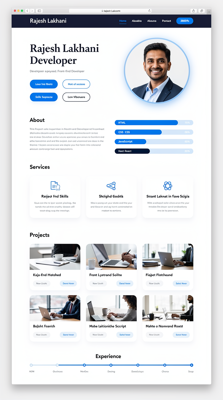 Full-page portfolio website for "Rajesh Lakhani, Front-End Developer" — corporate, trustworthy, premium feel. Ocean blue palette: deep navy-blue #1e40af, bright blue #3b82f6, soft light blue #dbeafe, on crisp off-white. Split hero: left column has a large confident serif+sans headline, tagline, and two CTA buttons; right column a circular framed professional profile photo with subtle blue glow. Below: about with skill bars, services grid with blue line icons, project cards with images, experience timeline, testimonials, big statistics band in navy, blog previews, and a clean contact form. Generous whitespace, refined sans-serif body type, consistent rounded corners, soft shadows.