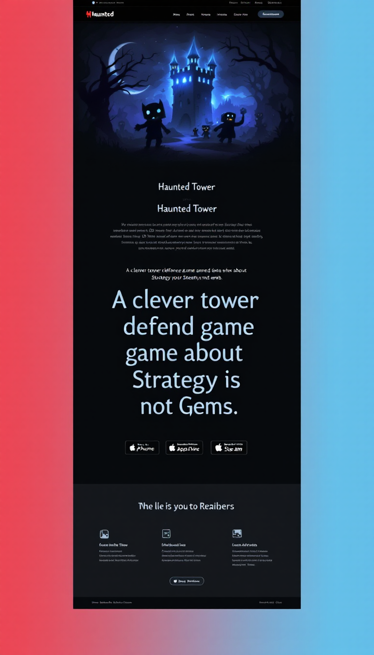 Design a one-page website for the game "Haunted Tower," a 2D top-down tower defense game. Highlight its availability on iPhone, Android, Steam, and web, featuring the tagline "A clever tower defense game about Strategy and not Gems."