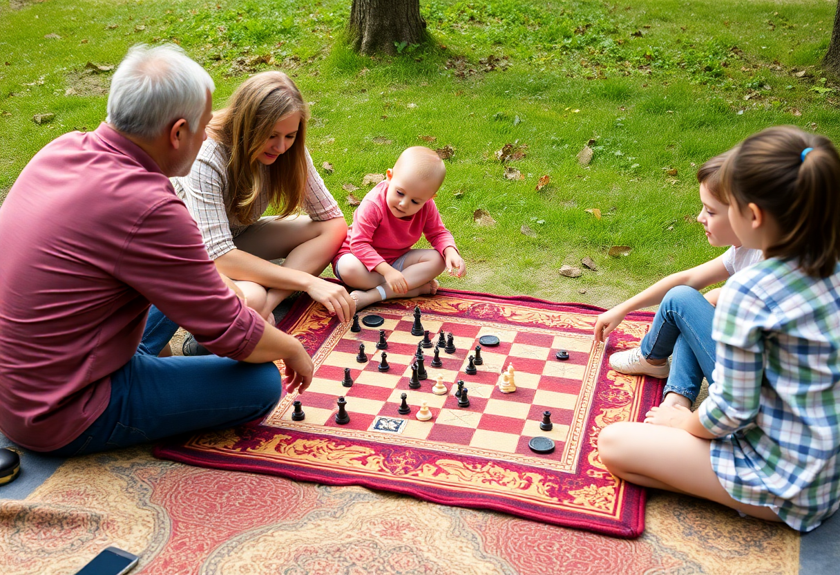 family playing with the carpet chess and ludo board game mat while on a picnic, showcasing its portability and versatility for outdoor use