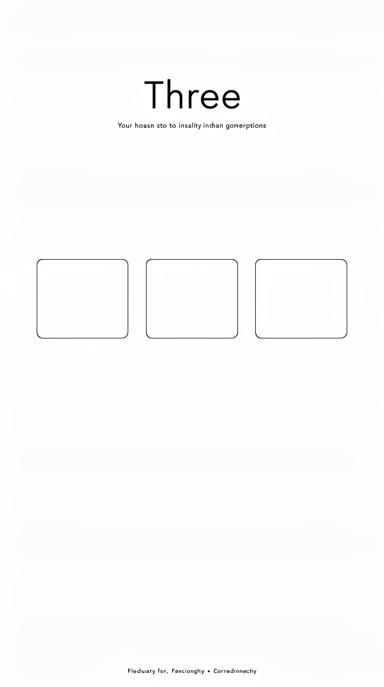 Ultra-minimal monochrome landing page "Three", pure white background, black text only, no color at all. Perfectly centered vertical composition: wordmark, tagline, then three identical empty square cards arranged in a single horizontal row with thin hairline borders and rounded corners, huge equal gutters between them, floating in a vast empty canvas. Modern geometric sans-serif typography, tight centered footer credit line far below. Feels like a gallery or art installation, extremely restrained and calm.