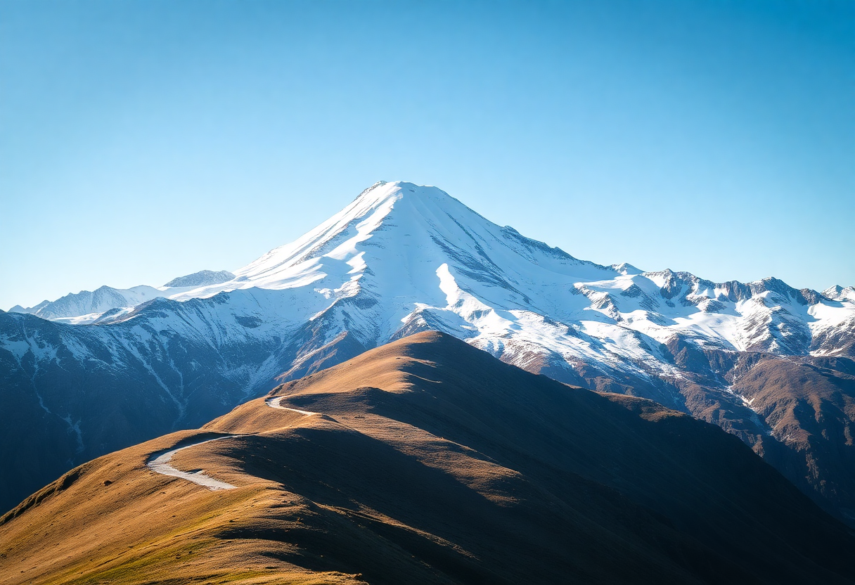 snow-capped mountain peak with a winding path, illustrating the adventure aspect of photos shared on photoshare