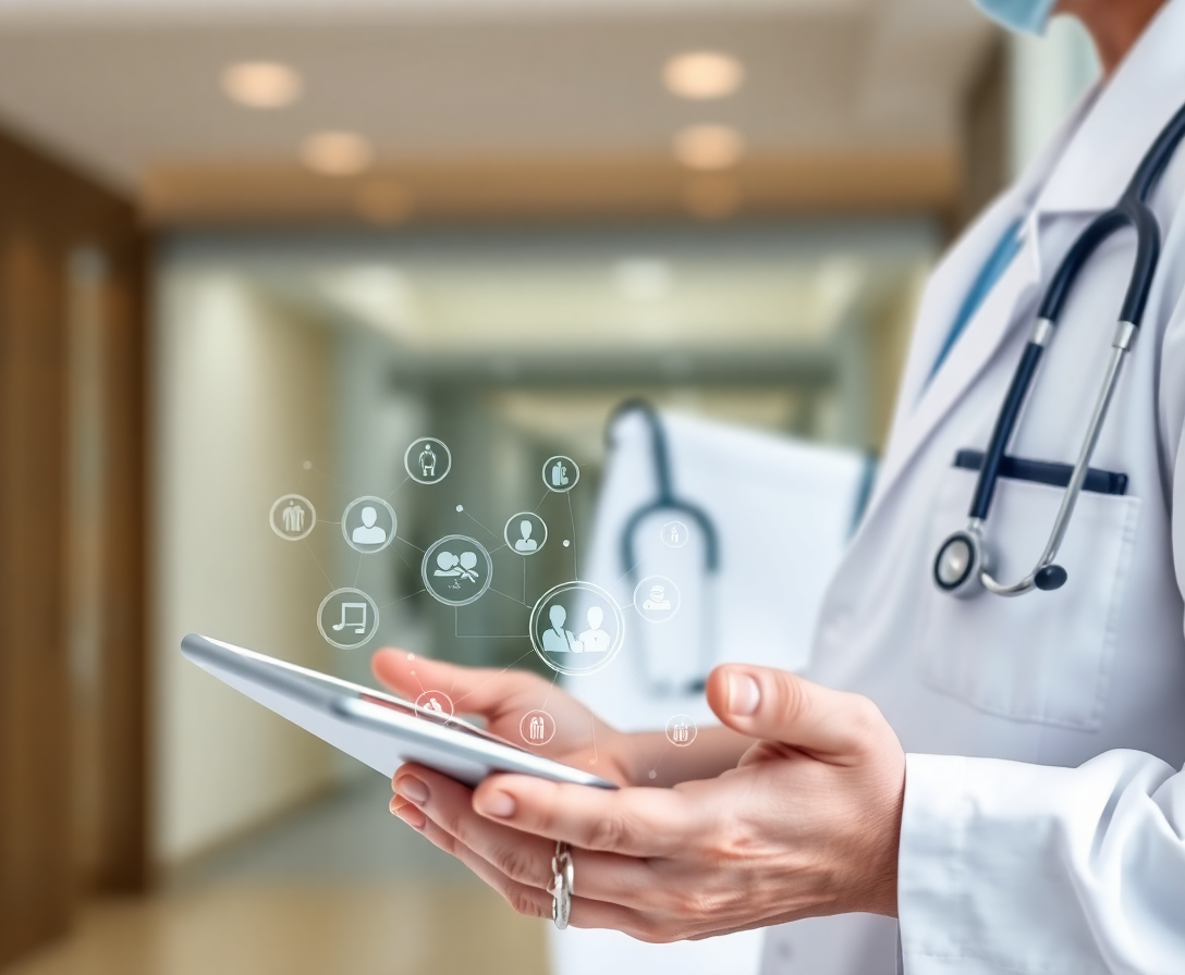 doctor using a tablet, representing the intersection of healthcare and technology in business