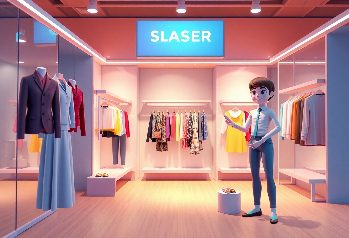 3d animated clothing store with floating fashion items and a virtual shopping assistant
