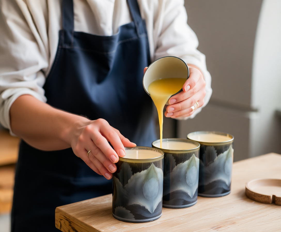 luxuria artisan carefully pouring wax into a candle mold