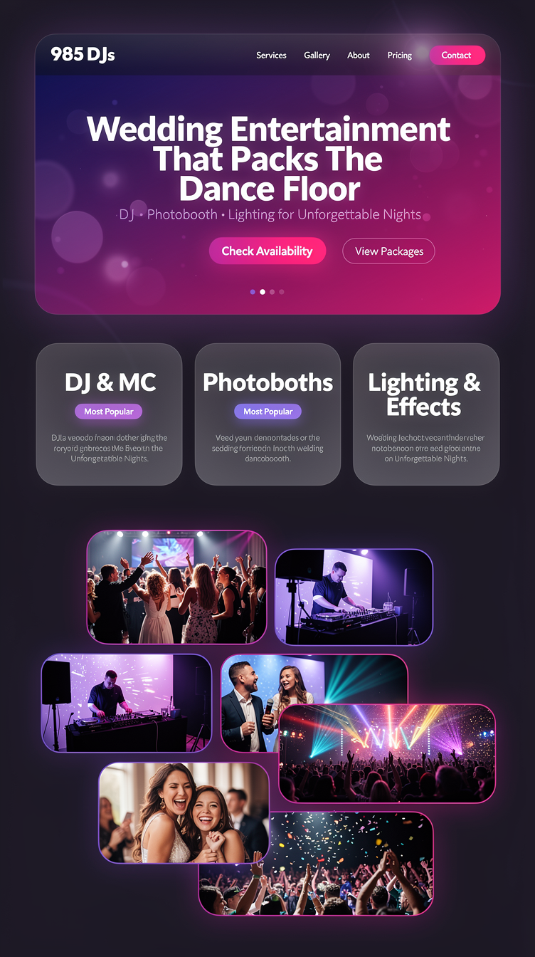 Full-page website mockup for "985 DJs", a bold modern wedding entertainment brand (DJ, photobooth, lighting). Direction C — "Neon Glow Gradient": vibrant full-bleed hero with a rich purple-to-magenta gradient and glowing bokeh lights, oversized bold geometric sans-serif headline, high-energy CTA button. Rounded cards with glassmorphism, large playful type scale, a bold three-up services showcase, an image gallery masonry of party moments, energetic and youthful but still premium. Palette #6b21a8, #a855f7 neon glow, #f3e8ff highlights on dark panels. Contemporary, punchy, award-winning studio design.