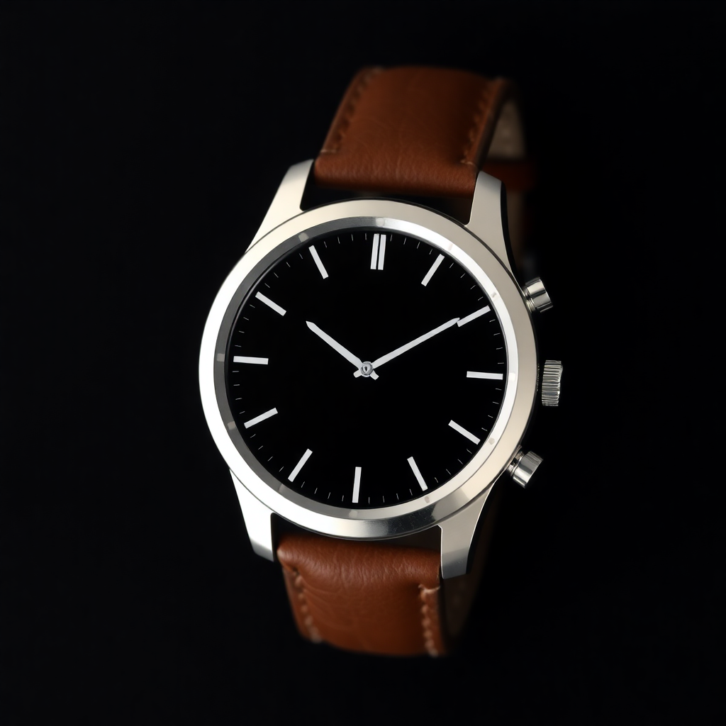 silver smartwatch with a classic round face and leather strap