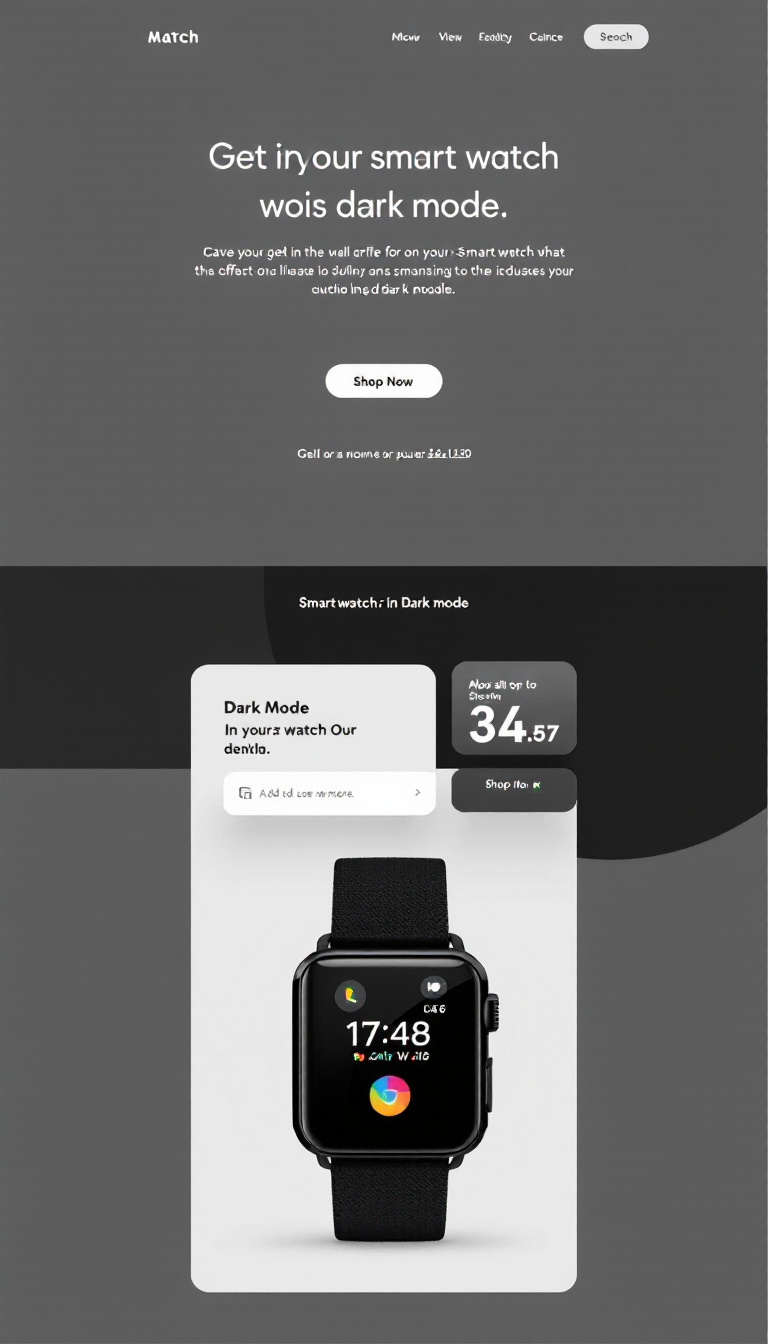 A sleek, modern landing page for selling a smartwatch in dark mode, featuring a clean design and a prominent "Shop Now" button.
