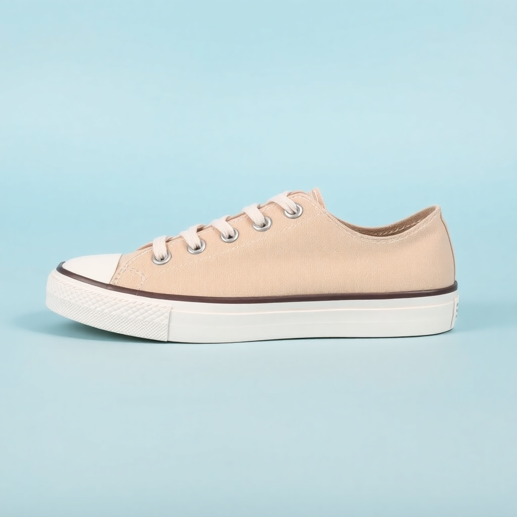 beige canvas sneakers on light blue background