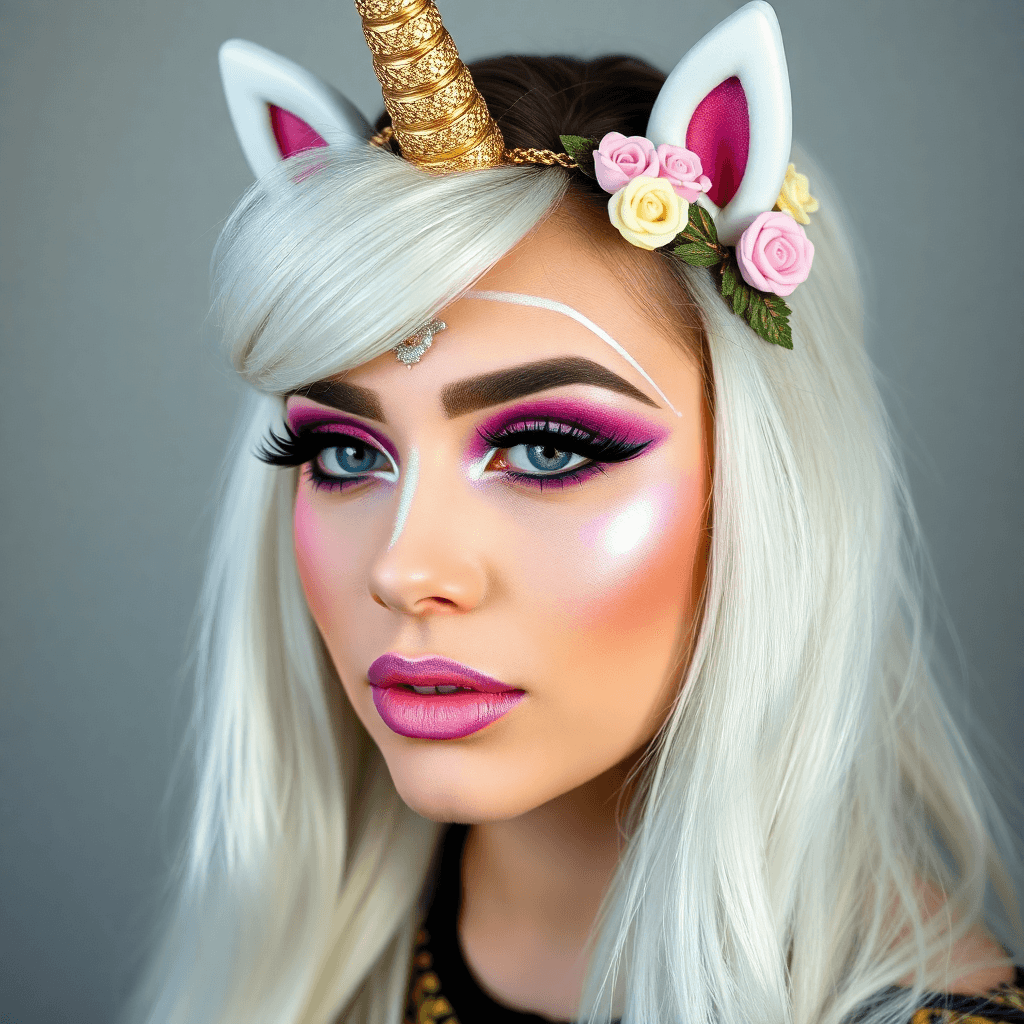 maquillaje completo con tema de unicornio y arcoíris
