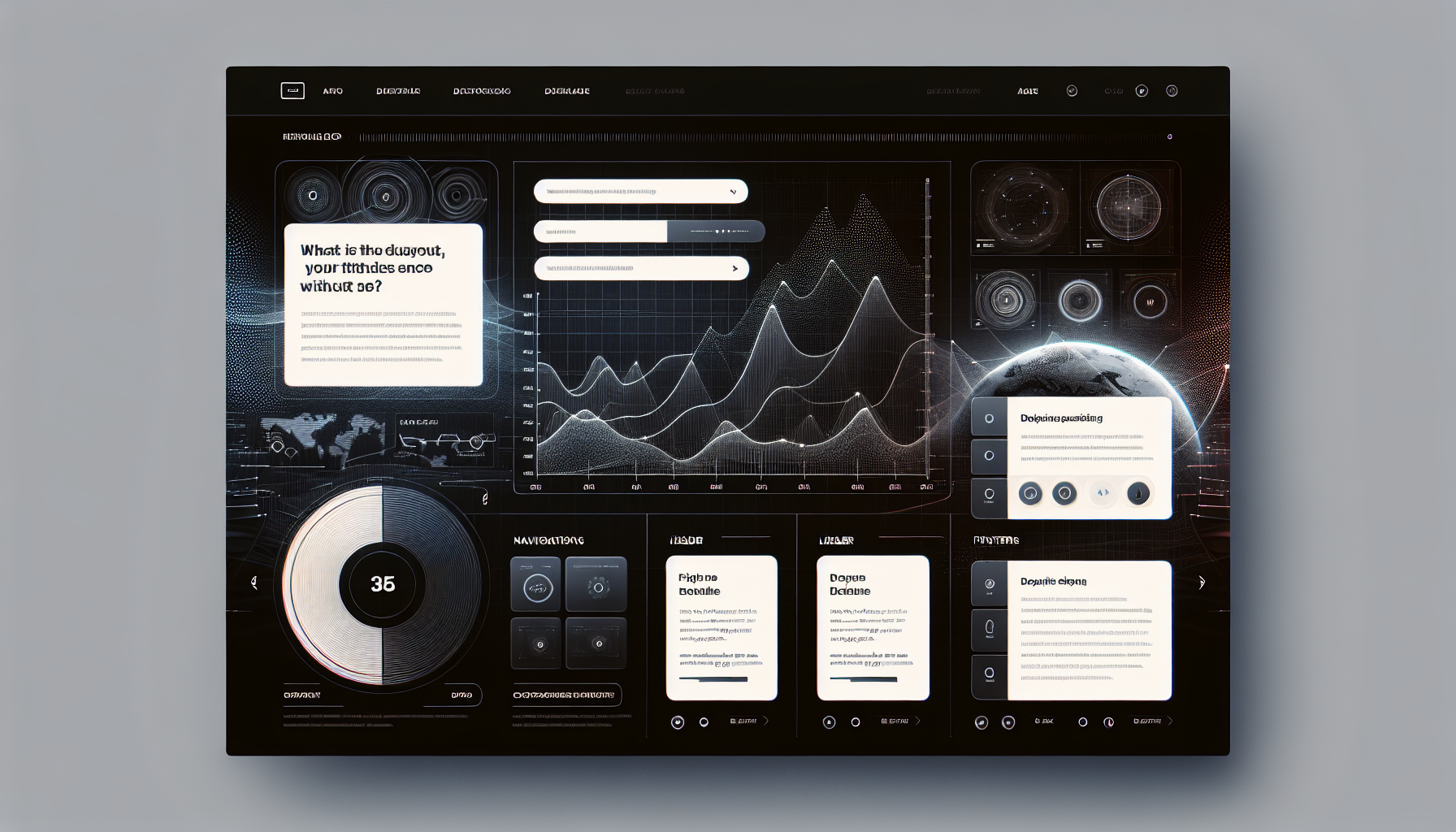 Create a website layout similar to the provided image, featuring a dark theme with sections for a navigation bar, header, filters, and multiple charts. The design should include a prominent title, a logo, and a background image that resembles the one in the specified link. Use modern web design elements and ensure the layout is clean and user-friendly.