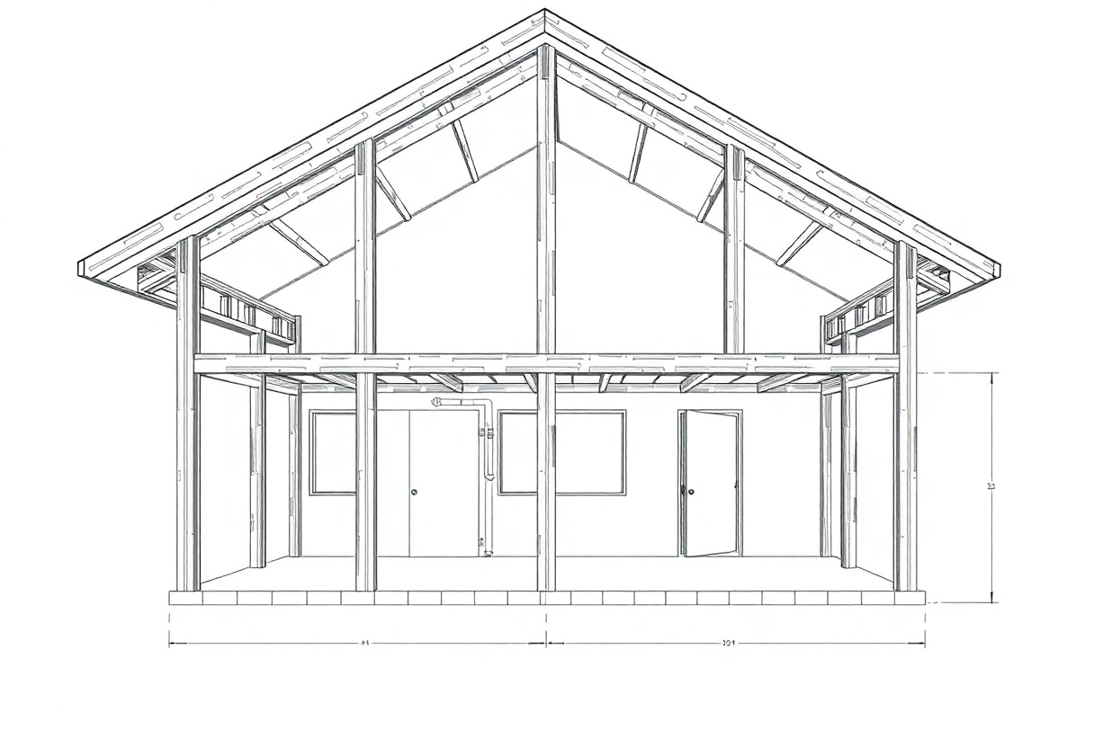 structural blueprint for a two-bedroom house with detailed load-bearing elements