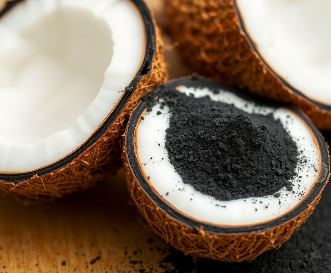 close-up of a split coconut with white flesh and charcoal powder, showcasing the contrast between raw material and final product in coconut charcoal whitening industry