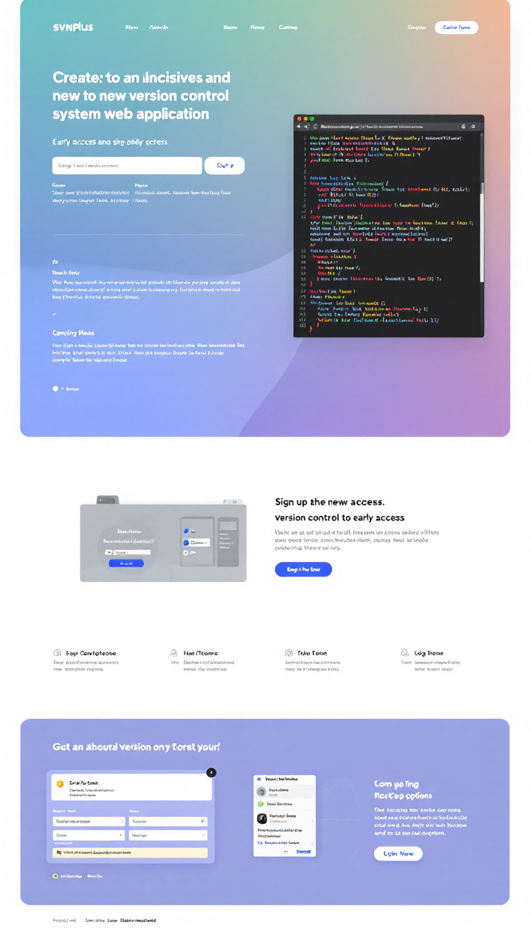 Create a one-page landing page for svnplus.com, a new version control system web application. Include an early access sign-up form and a prominent login option on the right side of the header.