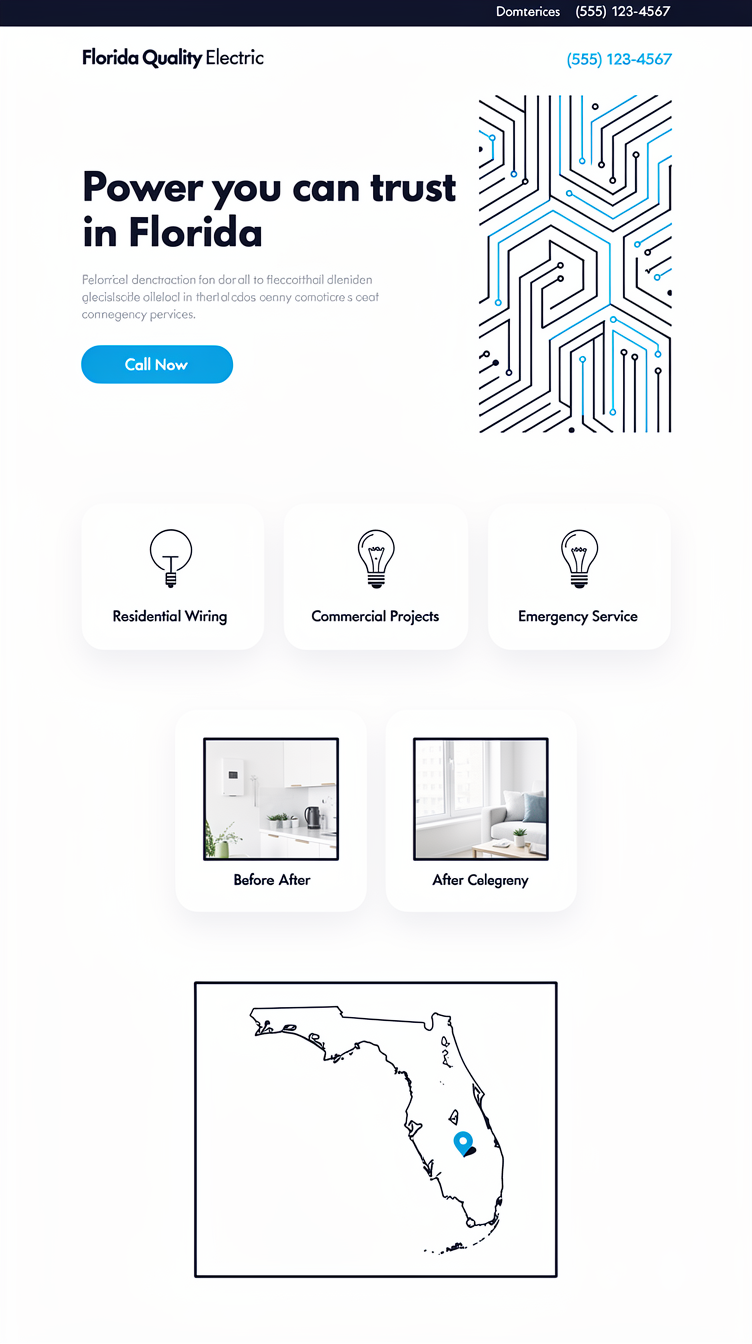 Clean, airy, minimalist corporate design for "Florida Quality Electric" electrical contractor. Mostly white background with thin navy rule lines, small navy header bar with logo wordmark and visible phone number, electric blue used sparingly only for buttons and icon accents. Hero is left-aligned text with headline and Call Now button beside a right-side abstract geometric panel illustration (circuit-board grid pattern in navy/blue line art, no photos). Sections use soft card shadows, rounded corners, three-column service grids, a tidy two-column before/after gallery, and a simple bordered map illustration for service area. Understated, Scandinavian-inspired professional feel.