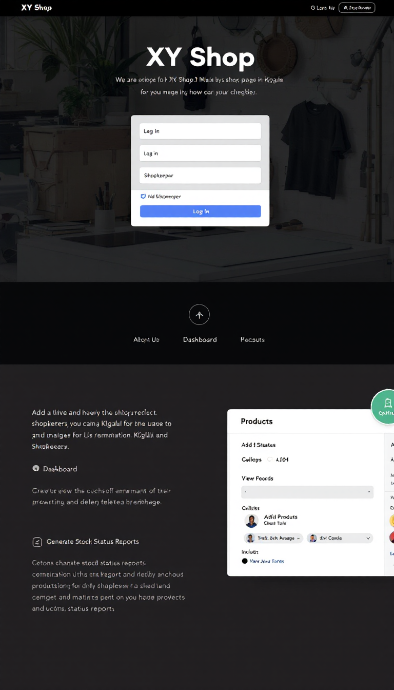 Create a simple one-page website for XY Shop in Kigali, featuring a login form for the shopkeeper and a dashboard to manage products. Include functionalities to add, view, modify, and delete products, along with options to generate stock status reports.