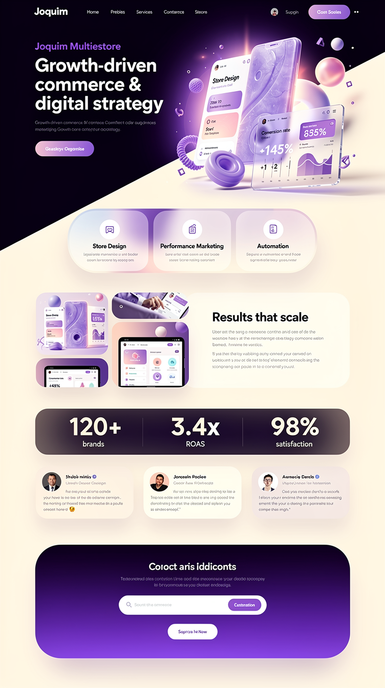 Bold sophisticated homepage for "Joquim Multestore" mixing e-commerce energy with premium digital agency feel. Rich royal purple #6b21a8 gradients blending into vibrant purple #a855f7, set against soft lilac #f3e8ff and warm off-white backgrounds. Hero uses a diagonal split layout: bold modern display typography on one side, a large glowing product/graphic composition on the other with a floating card showing marketing growth stats. Below, a curved-edge services section with 3 glassy cards, an alternating zig-zag image/text showcase for products and marketing results, a stats/metrics band with large numbers, testimonial cards with avatars, and a rounded contact form card floating over a deep purple gradient footer. Modern, dynamic, polished, consistent rounded-corner system throughout.
