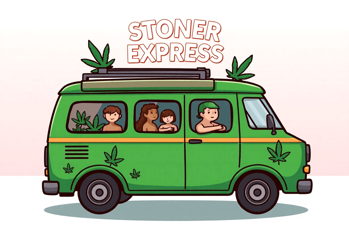 cartoon style image of a green van with people and cannabis leaves, representing the stoner express discord server