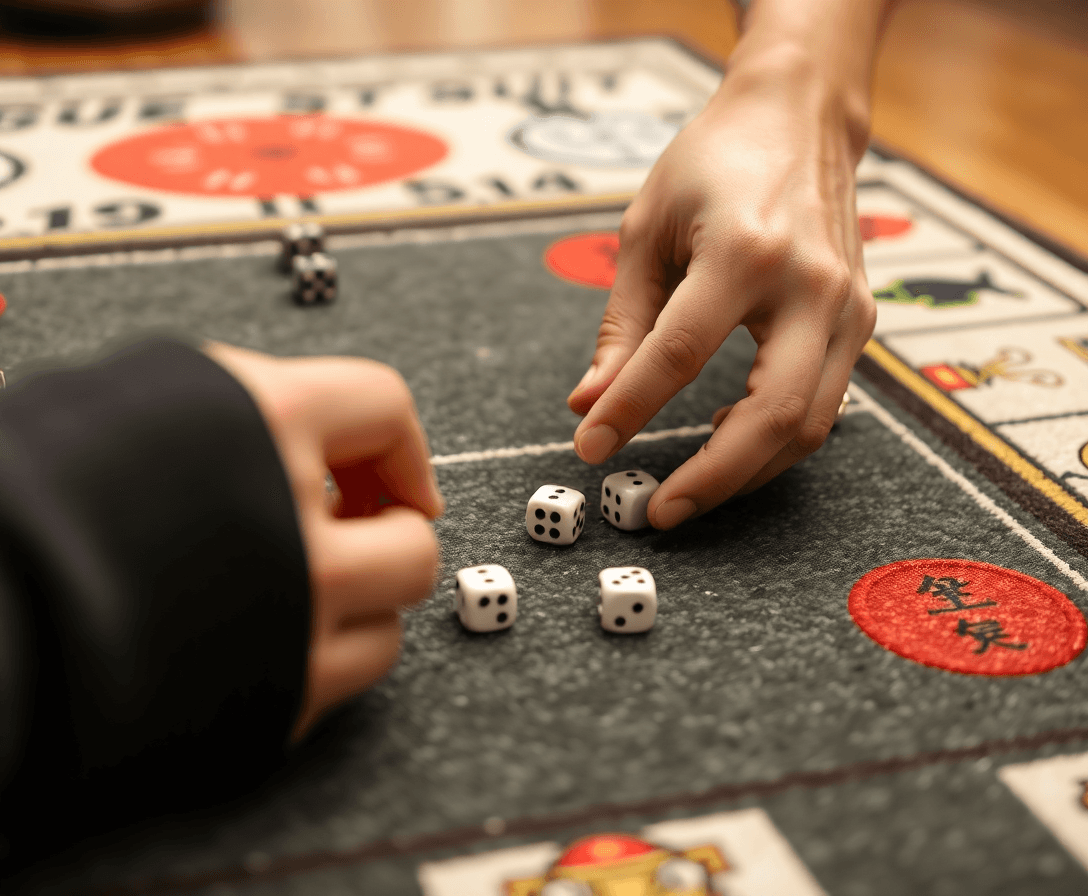 close-up of a person rolling dice on the ludo carpet game mat, demonstrating gameplay