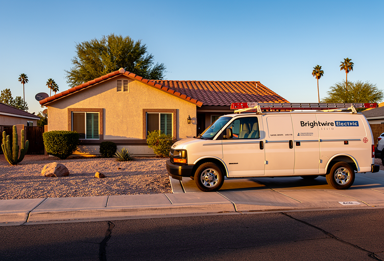 Professional photograph, natural light, realistic: Brightwire Electric service van parked outside a home in Mesa, Arizona ready for a callout. No text or watermarks.
